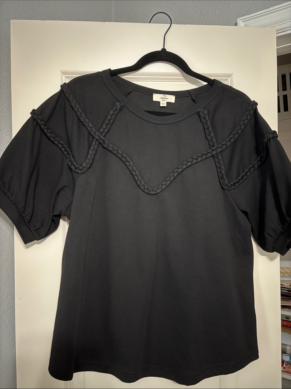 entro Black Short Sleeve Top with Braided Trim